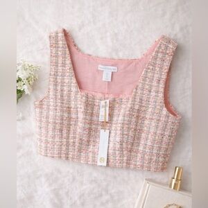 House of Harlow 1960 Pink Tweed Sleeveless Crop Top, Large